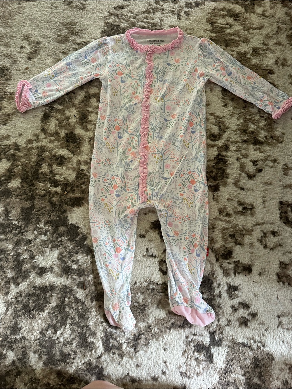 Magnetic Me White Floral Footed One-Piece with Pink Ruffle Trim